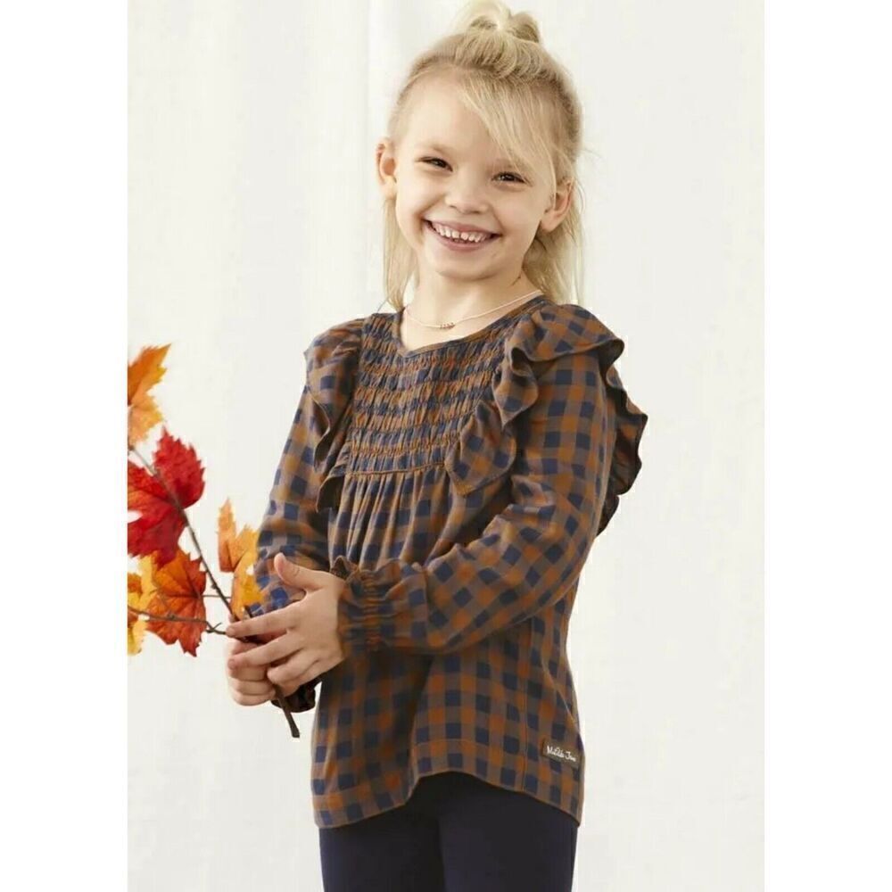 Matilda Jane Just Imagine Silvi Lightweight Plaid Top Honey Gold Blue Girls 12